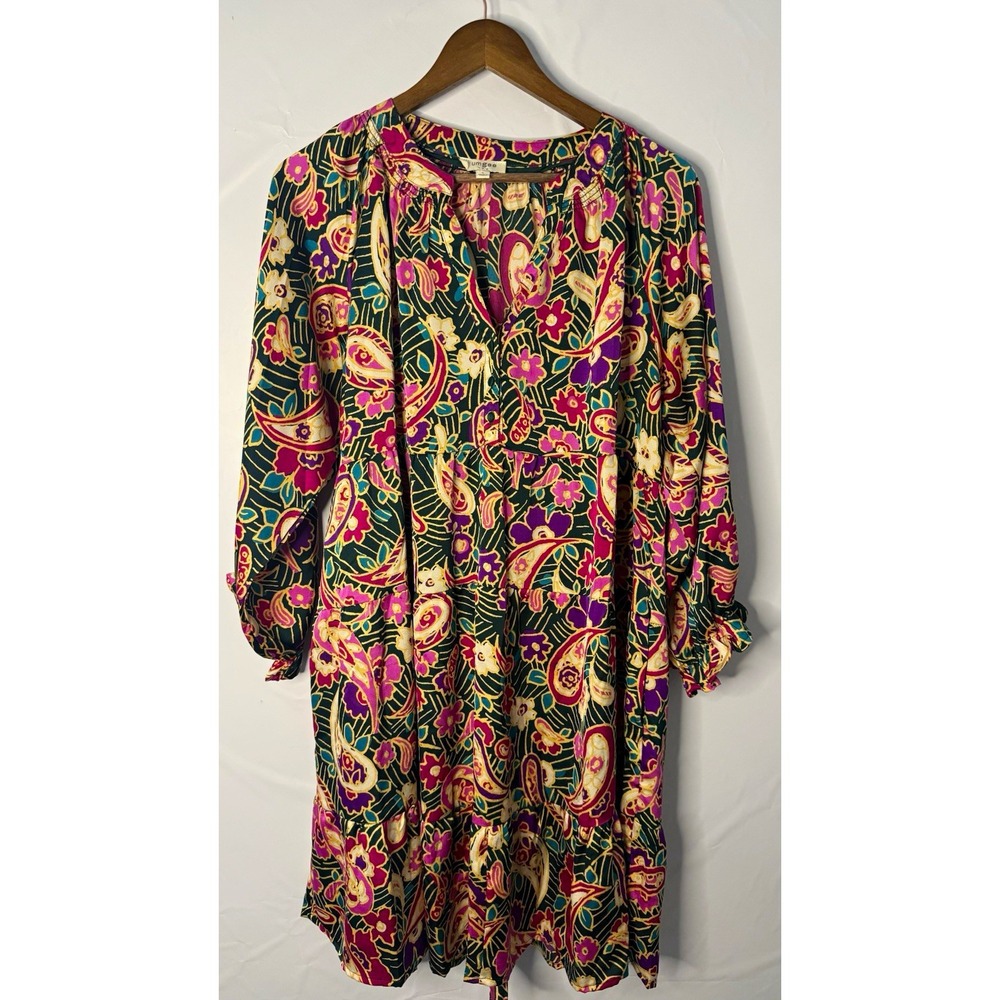 UMGEE Women's V-Neck Long Sleeve Floral Dress Green Purple L Knee Button